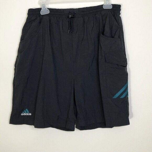 Adidas Size Medium Swim Trunks Black & Teal Blue White Logo Swimming Shorts - Picture 1 of 4